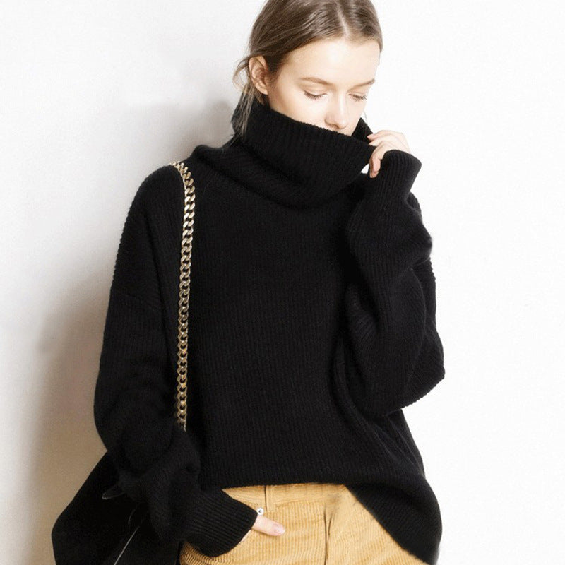 Autumn and winter high neck sweater for women, European and American style, thick and loose short style, pullover, free collar, lazy knit base sweater