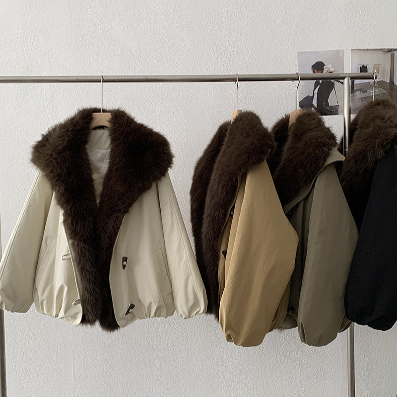 Detachable Faux Fox Fur Turn-Down Collar Loose Thick Long Sleeve Parka Coat Top Fashion