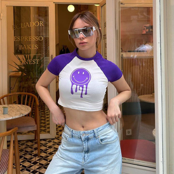 Women's Short Crop Top Belly Show Smiling Face Print Spicy Girl Short Sleeve Spring