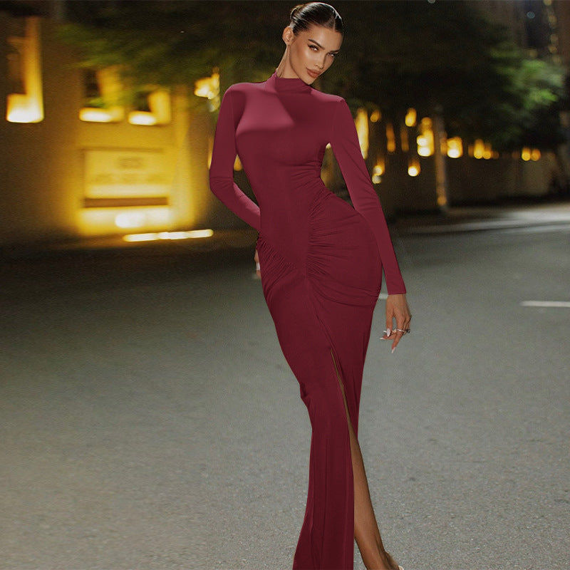 Half high neck sexy long sleeved waist cinching slim fit waist hugging split hip dress