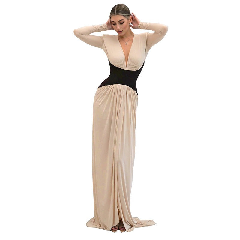 Women's Simple Long Sleeve Color-Blocking Spliced High-Slit Maxi Dress