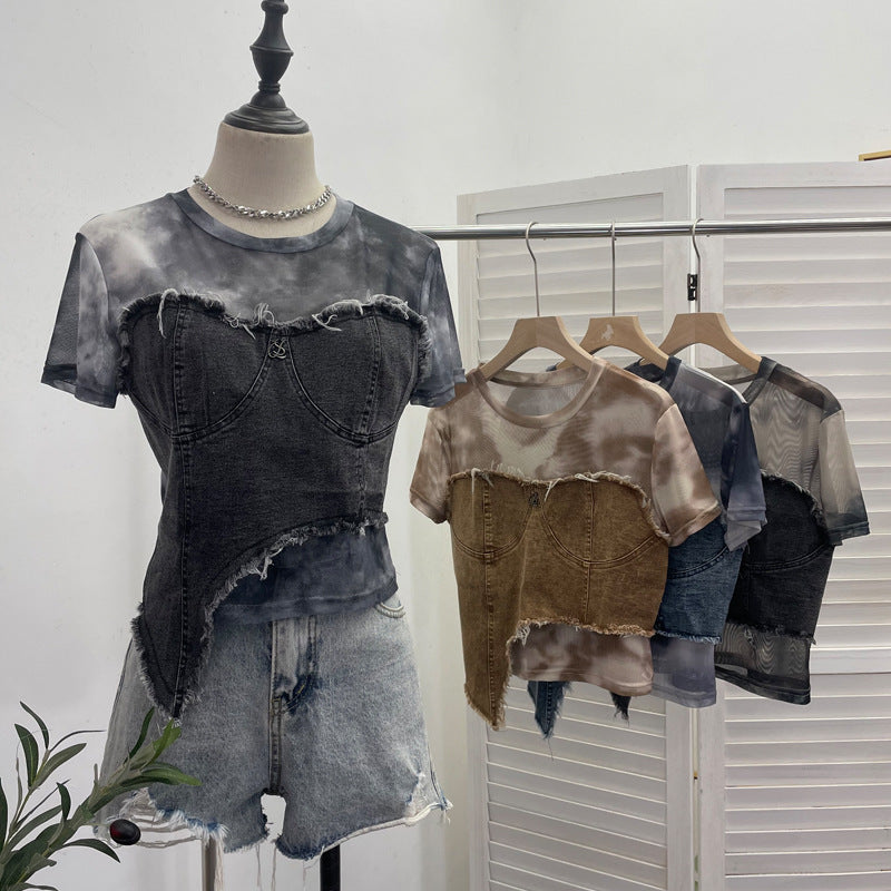 Denim Spliced Tie-Dye Mesh Fitted Irregular Fake Two-Piece Short Sleeve Top Crop T-Shirt