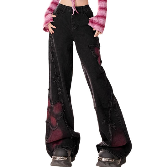 Washed distressed wide leg pants with butterfly pattern