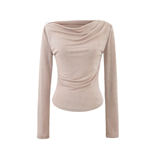 One-Shoulder Pleated Long Sleeve Crop Top T-Shirt