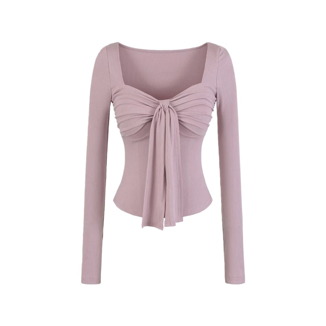 Sense Solid Color Padded Bow Knotted Long Sleeve T-Shirt Spring Sexy Crop Top with Ruched Fitted Design