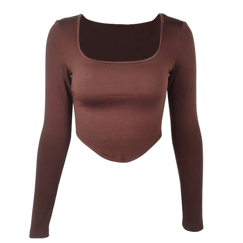Women's long sleeved square neck crop top with exposed navel and slim fit