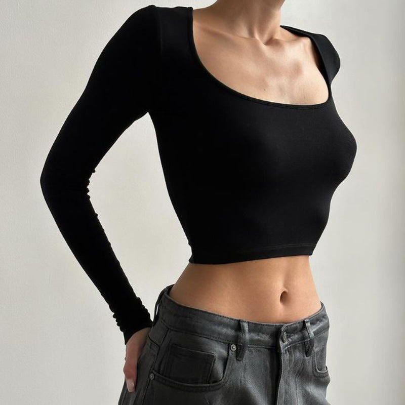 Round Neck Long Sleeve Fitted Crop Top T-Shirt