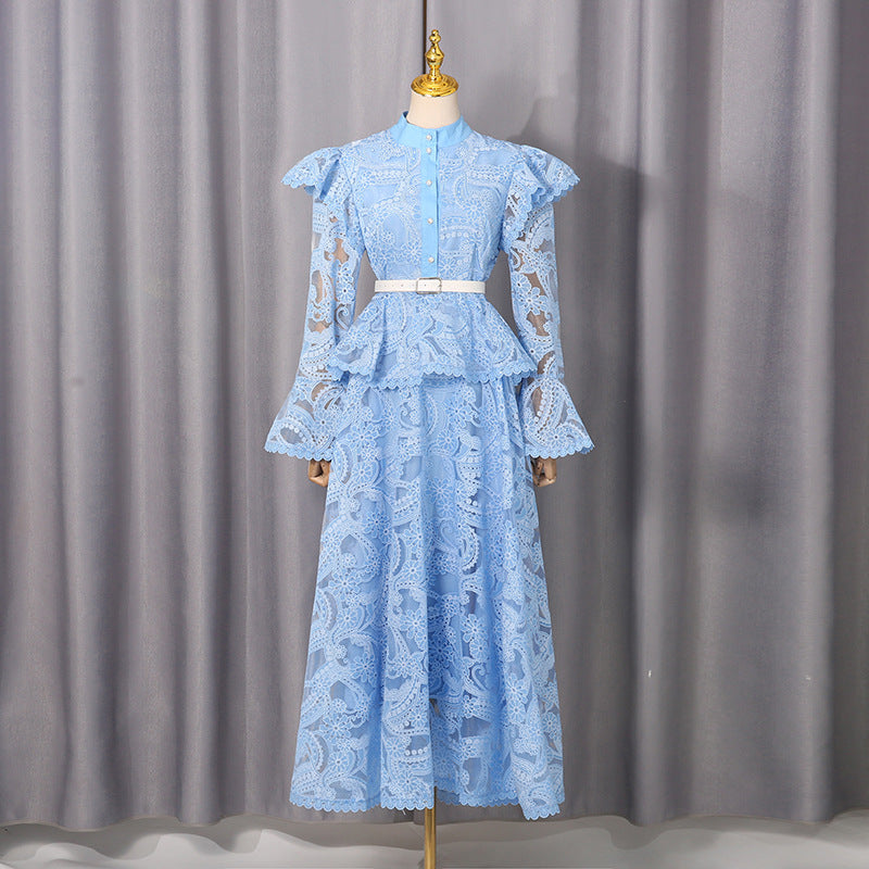 Embroidered ruffle edge patchwork flared sleeve long skirt