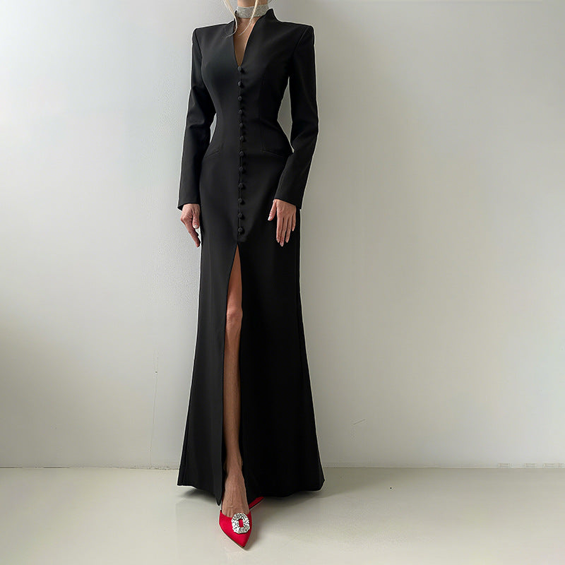 V-neck high waist slim fit and slimming slit dress