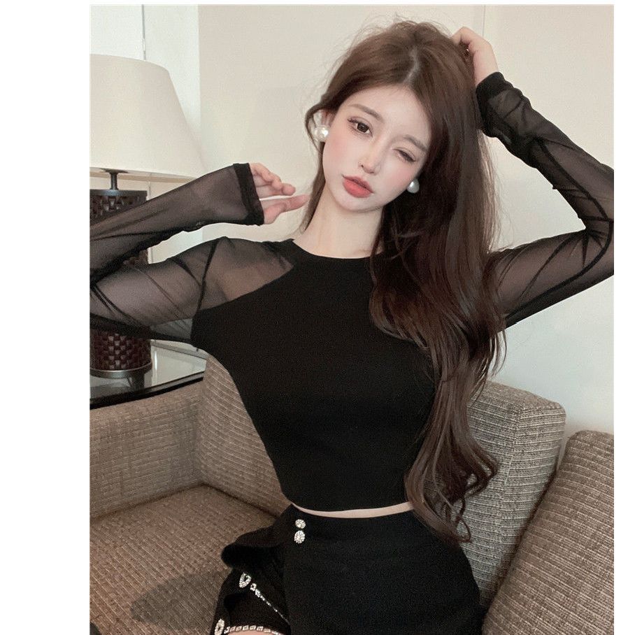 Seductive Sweet Spicy Mesh Panel Long Sleeve T-Shirt for Women High Waist Crop Top Sheer Underwear Style