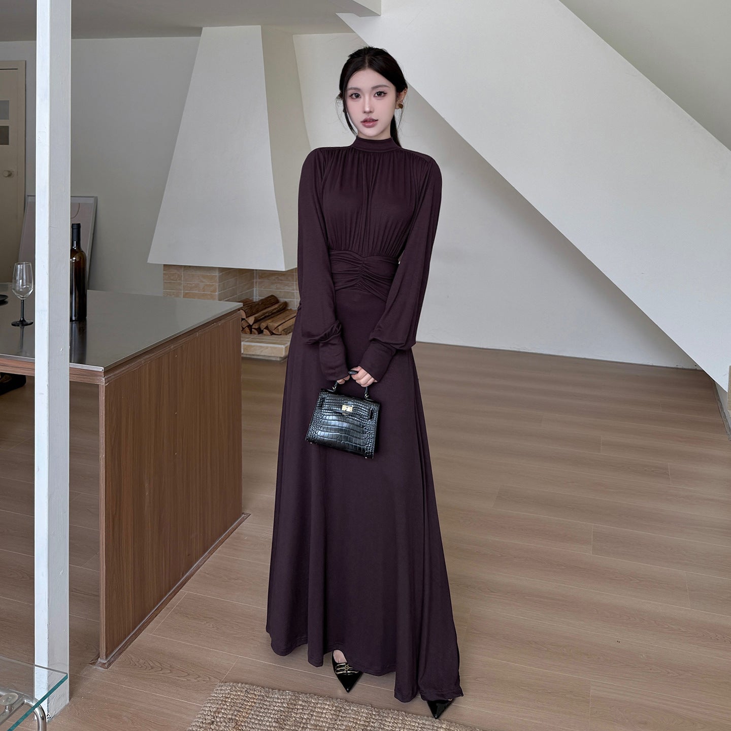 Folding Waist Long-Sleeve Dress