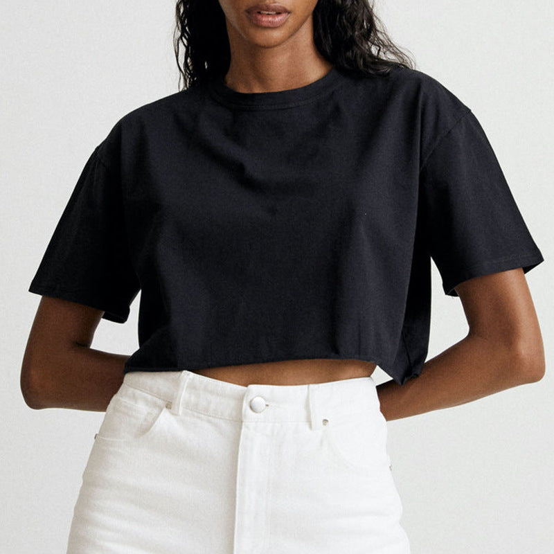 Crop Top Women Spicy Sport Style Round Neck Short Sleeve T-Shirt Pure Cotton Short Length Top Summer