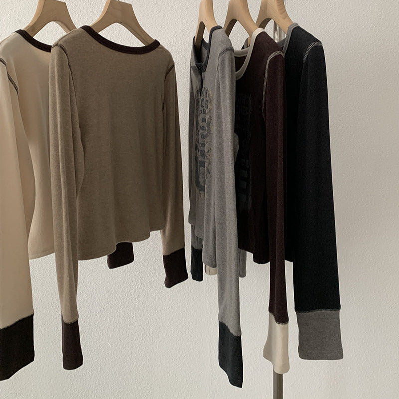 Fleece-Lined Letter Print Color-Blocked Long Sleeve Crewneck Top for Women Fashionable Versatile Casual Slim-Fit Upperwear