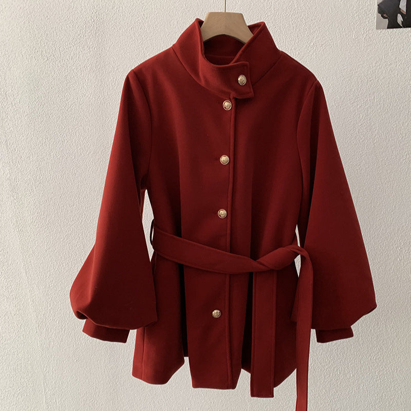 Belted closure Style Stand-Up Collar Wool Coat with Belted Waist, A-Line Mid-Length Tassel Sleeve for Women