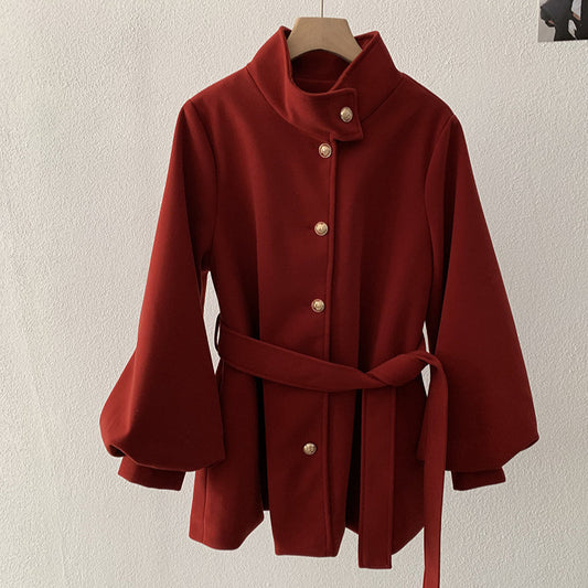 Belted closure Style Stand-Up Collar Wool Coat with Belted Waist, A-Line Mid-Length Tassel Sleeve for Women