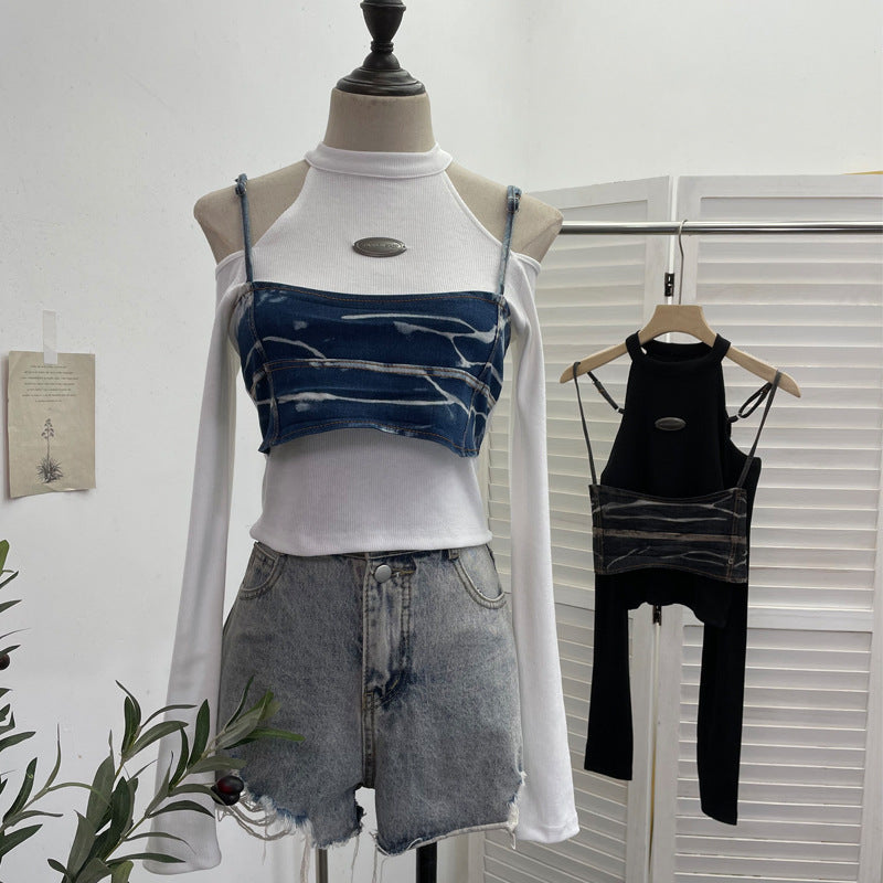 Sexy Fitted Long Sleeve T-Shirt with Strapless Design and Denim Short Crop Top