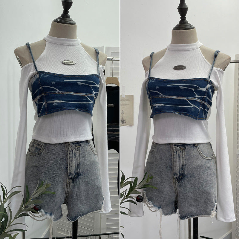 Sexy Fitted Long Sleeve T-Shirt with Strapless Design and Denim Short Crop Top
