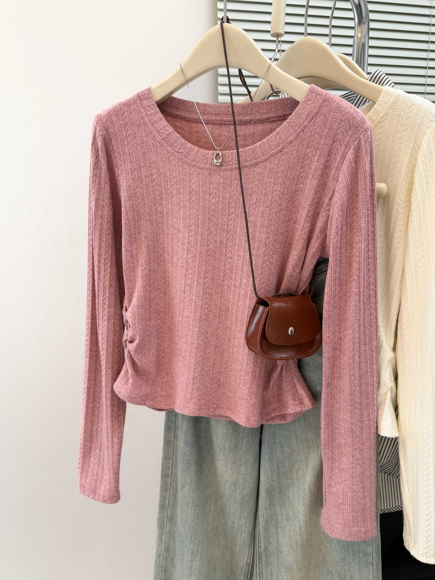 Solid Color Sweet &amp Spicy Pleated Fitted Long Sleeve T-Shirt for Women, Early Autumn Slim Fit Korean Style Crop Top
