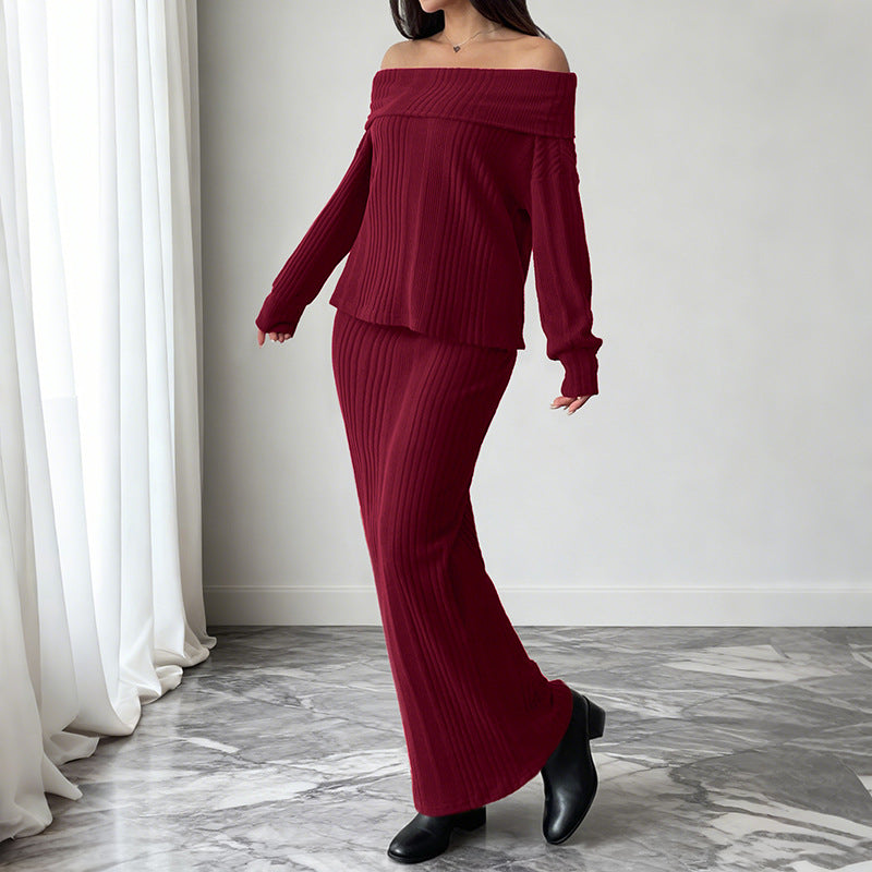 Warm One Shoulder Knitted Solid Color Set