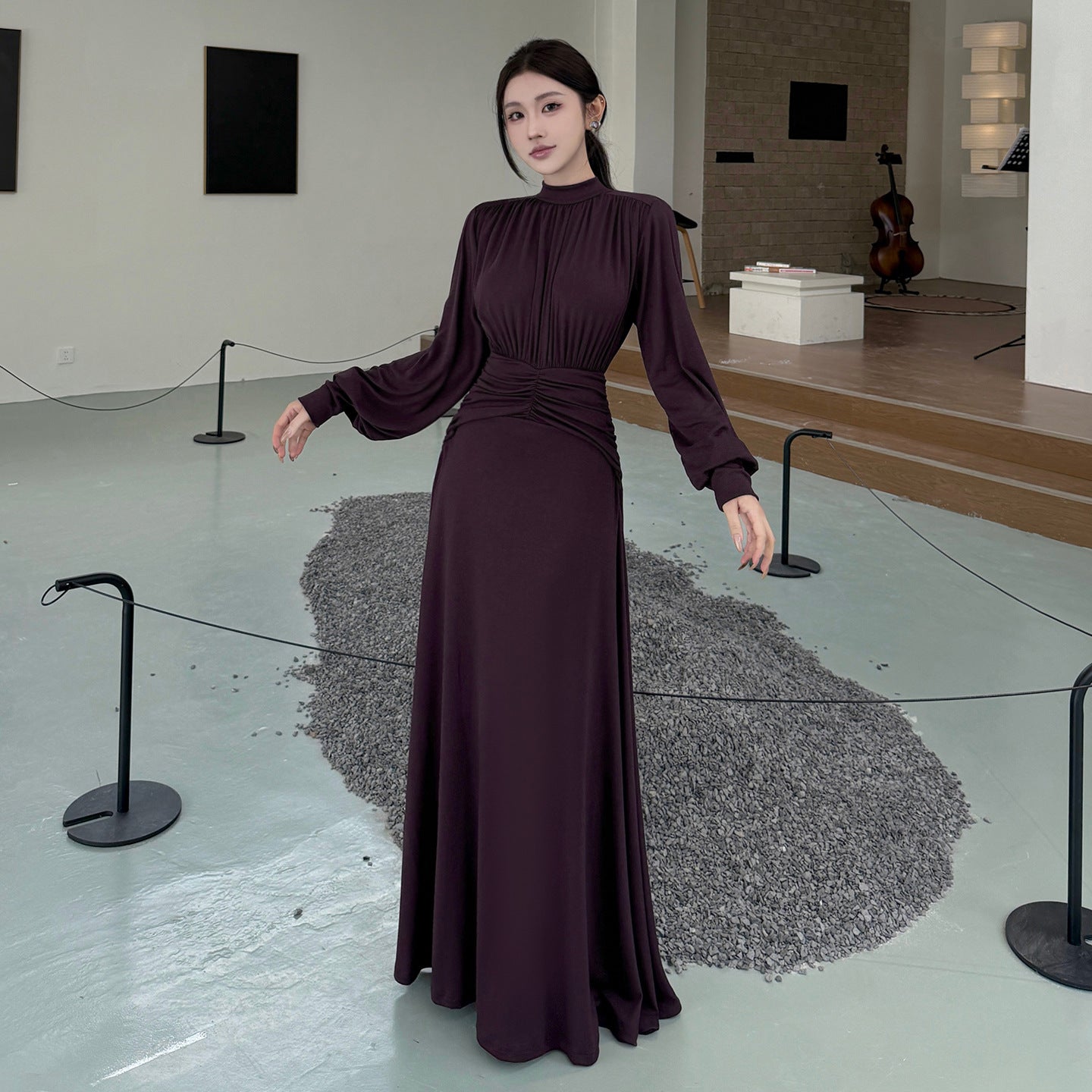 Folding Waist Long-Sleeve Dress