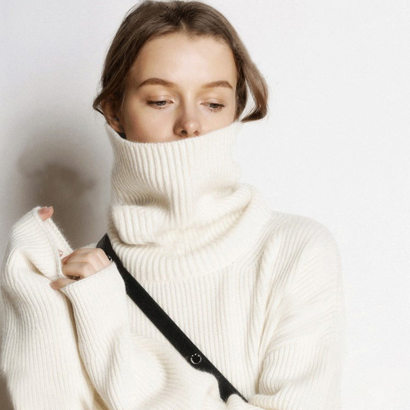 Autumn and winter high neck sweater for women, European and American style, thick and loose short style, pullover, free collar, lazy knit base sweater