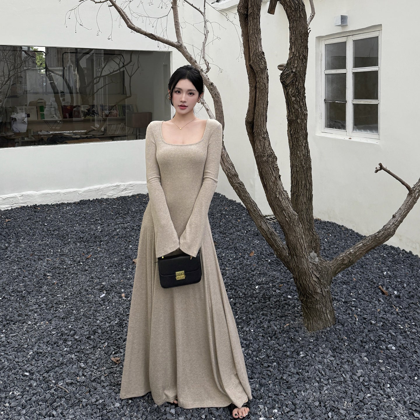 Square Neck Knitted A-Line Dress