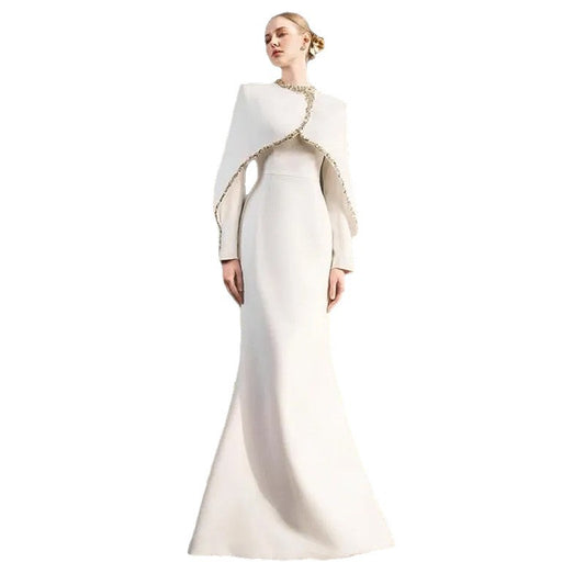 Beaded and Rhinestone Embellished Long Dress with Bat Sleeves