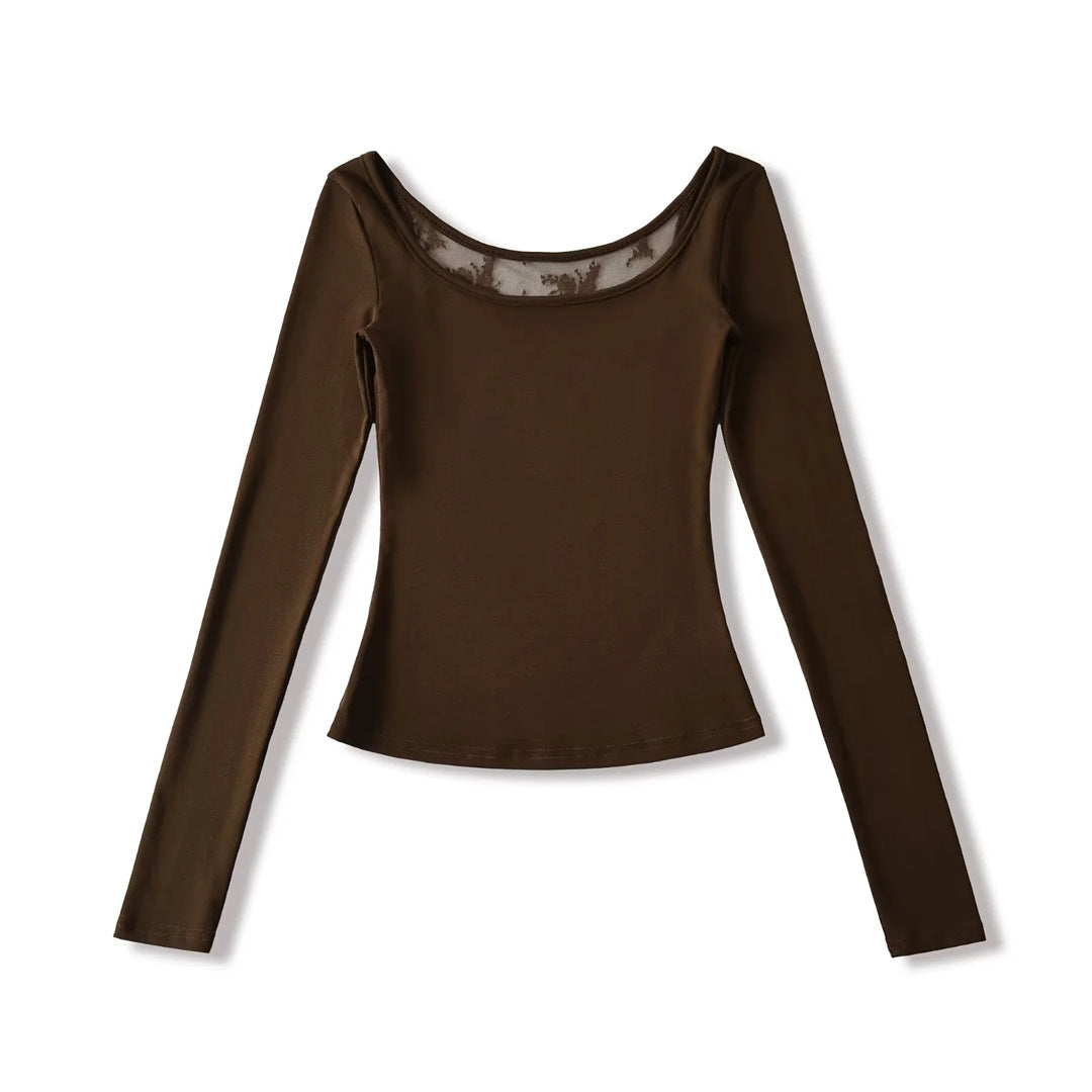 Spring Solid Color U-Neck Long Sleeve T-Shirt, Mature Style, Unique and Sexy Back Lace Cut-Out, Fitted Crop Top