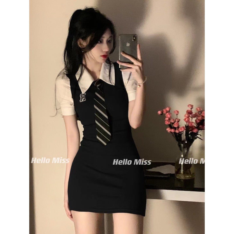Style Faux Two-Piece Short Sleeve Dress for Women, Stitched Crop Top Polo Neck Slim Fit Waist-Cinching Bodycon Mini Skirt