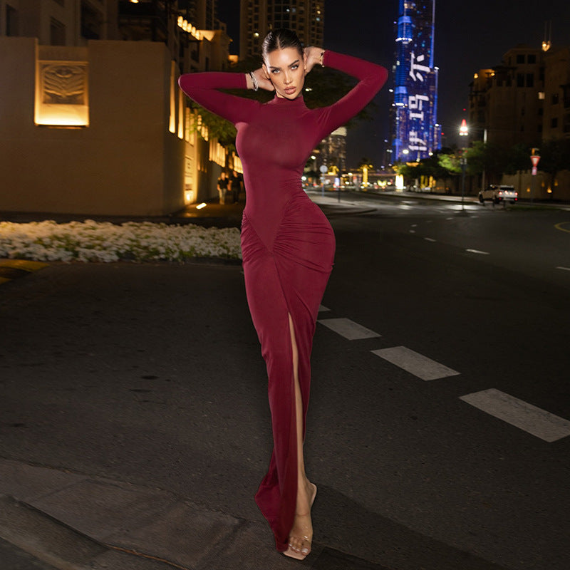 Half high neck sexy long sleeved waist cinching slim fit waist hugging split hip dress