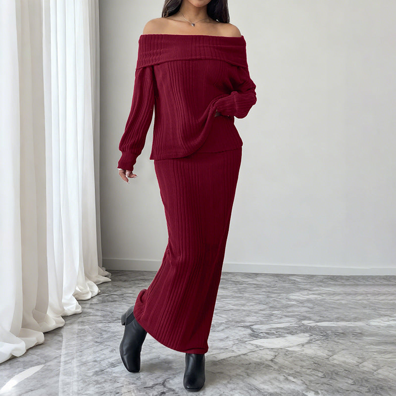Warm One Shoulder Knitted Solid Color Set