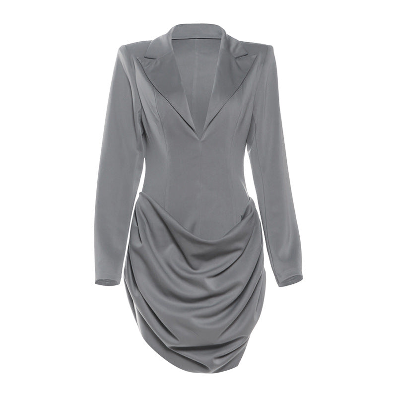 Tailored solid color deep V-neck waist cinching slimming suit dress