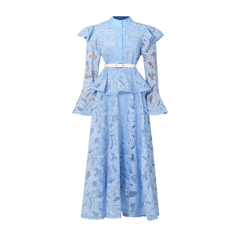 Embroidered ruffle edge patchwork flared sleeve long skirt