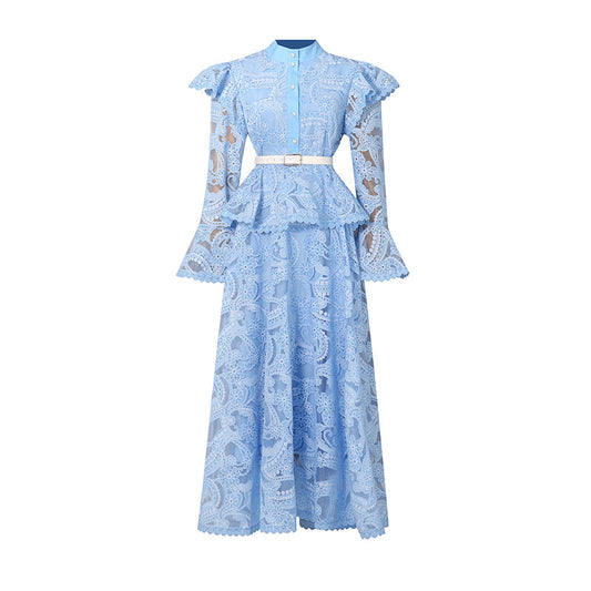 Embroidered ruffle edge patchwork flared sleeve long skirt
