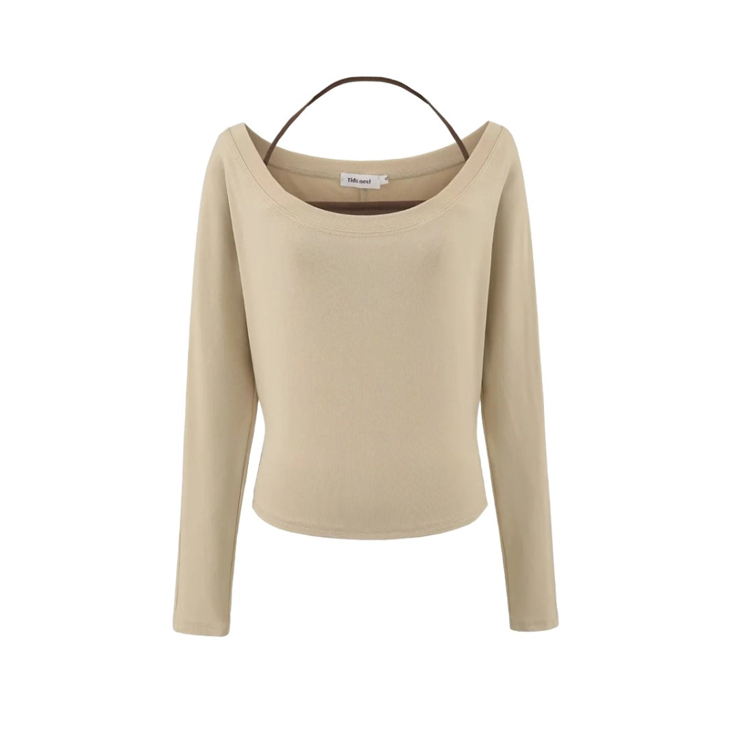 Two-Piece Set Sheer Sexy Crop Top Long Sleeve T-Shirt with Hanging Neck Bandage Tank Top