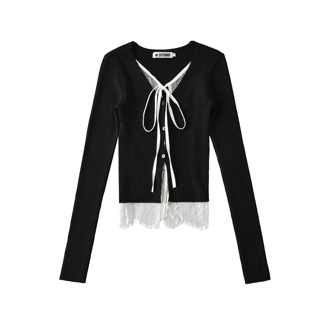 Two-Piece Lace Tie Knit Cardigan High-Waist Short Crop Long Sleeve Top Sweater