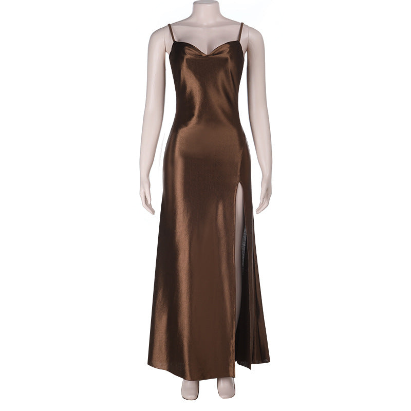 Backless pocket collar sexy slit suspender slim party dress