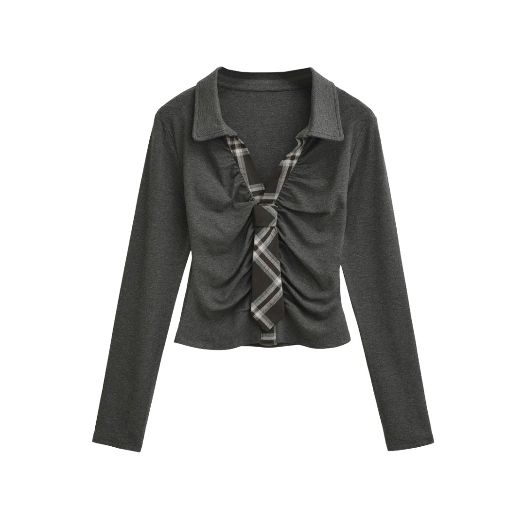 Chic Two-Piece Color-Blocked Plaid Stretch Fitted T-Shirt for Women, Turn-Down Collar, Pleated High-Waisted Cropped Crop Top with Long Sleeve