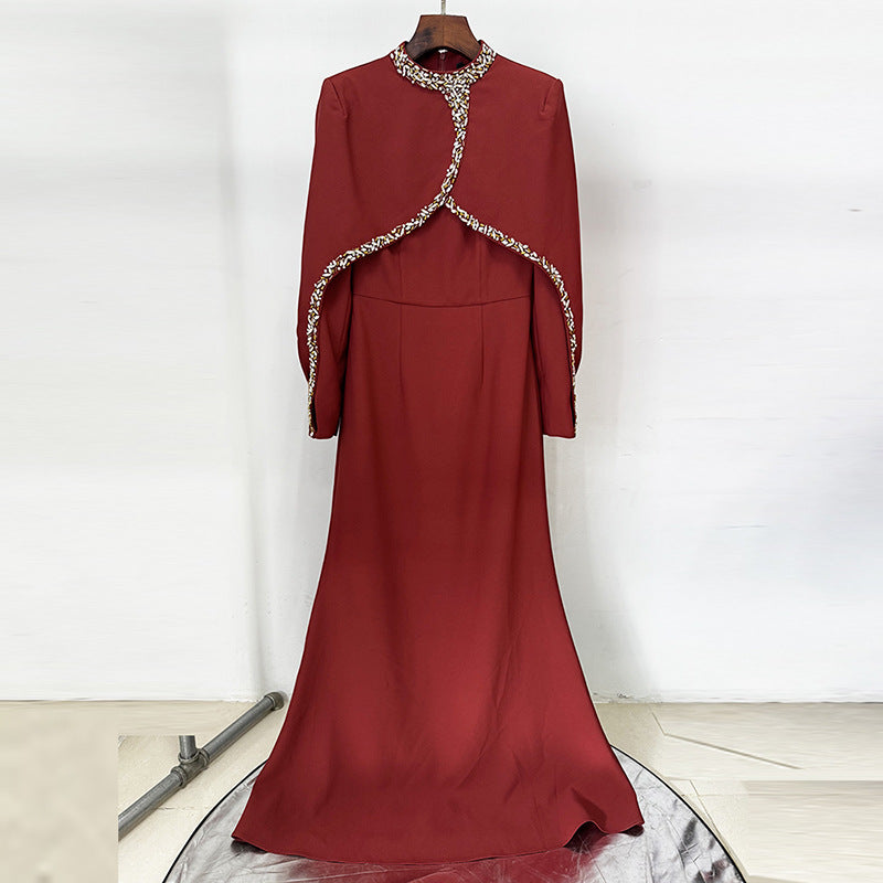 Beaded and Rhinestone Embellished Long Dress with Bat Sleeves