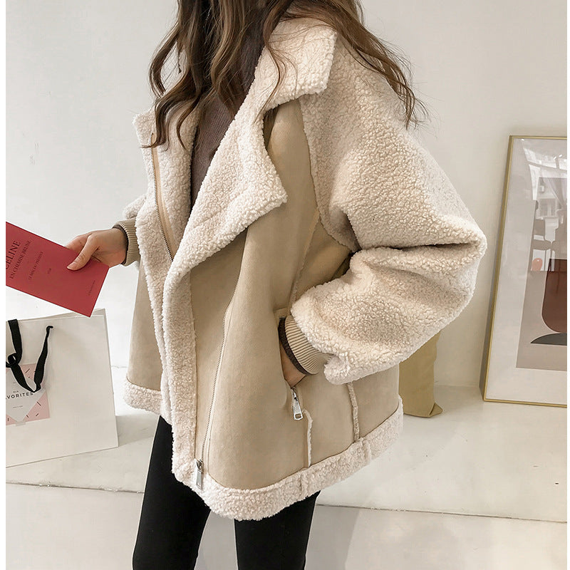 Chic Loose Suede Faux Fur Jacket Women Short Lamb Wool Motorcycle Coat