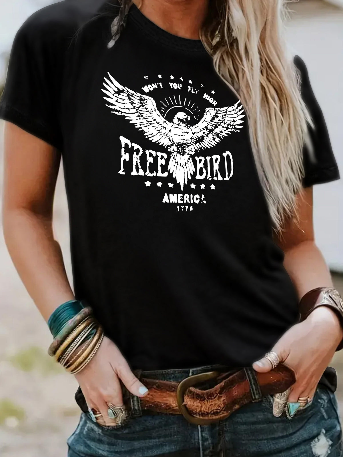 FREE BIRD Eagle print short sleeved shirt