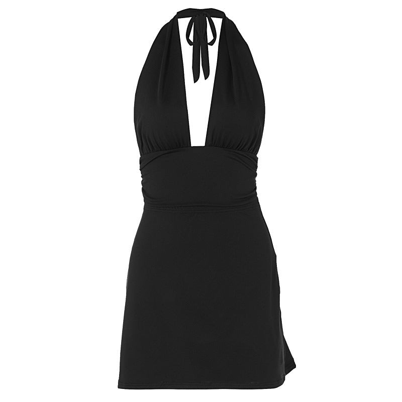 Deep V-strap neck hanging vest short skirt set