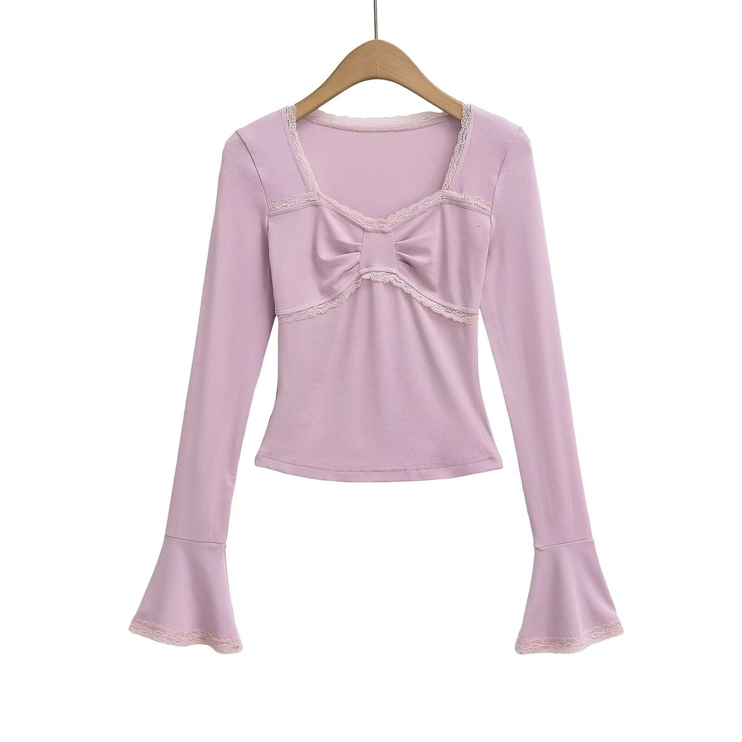 Lace Trim Flare Long Sleeve Crop Top T-Shirt