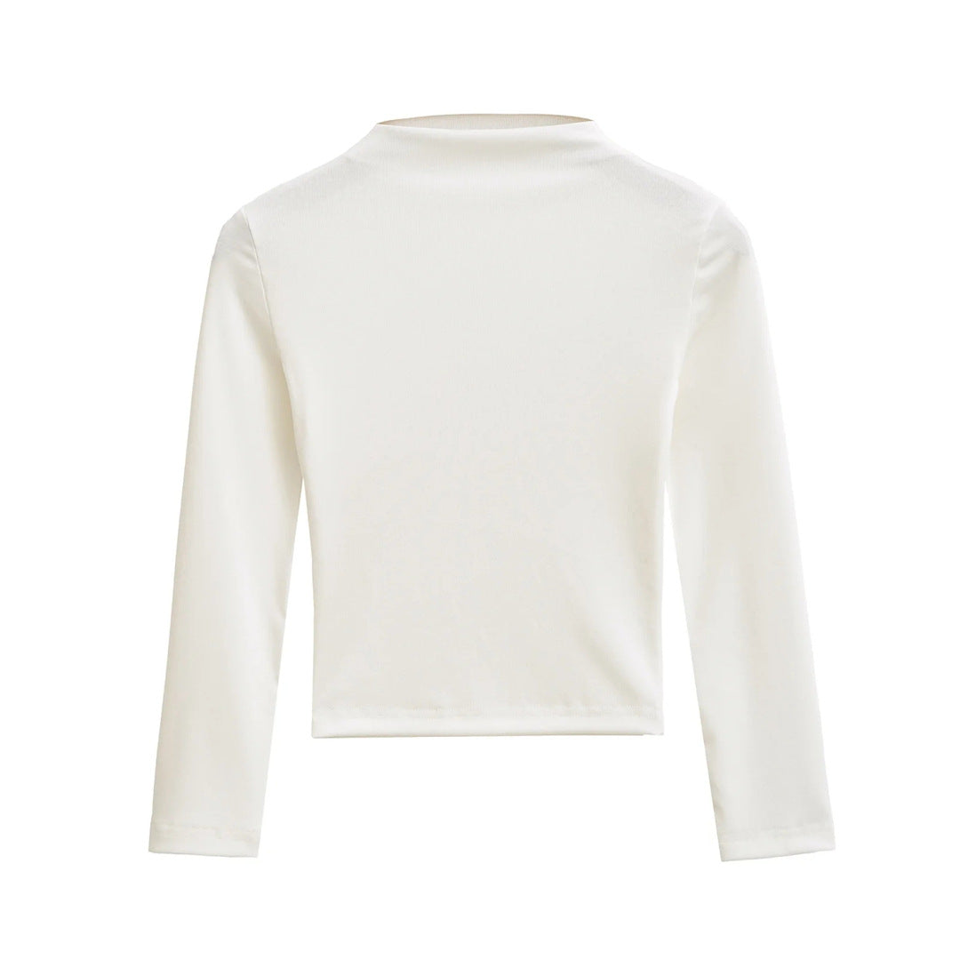 Style Semi-High Neck Sleeve Stretch Fitted T-Shirt for Women,Edgy Minimalist Solid Color Crop Top Underwear Shirt