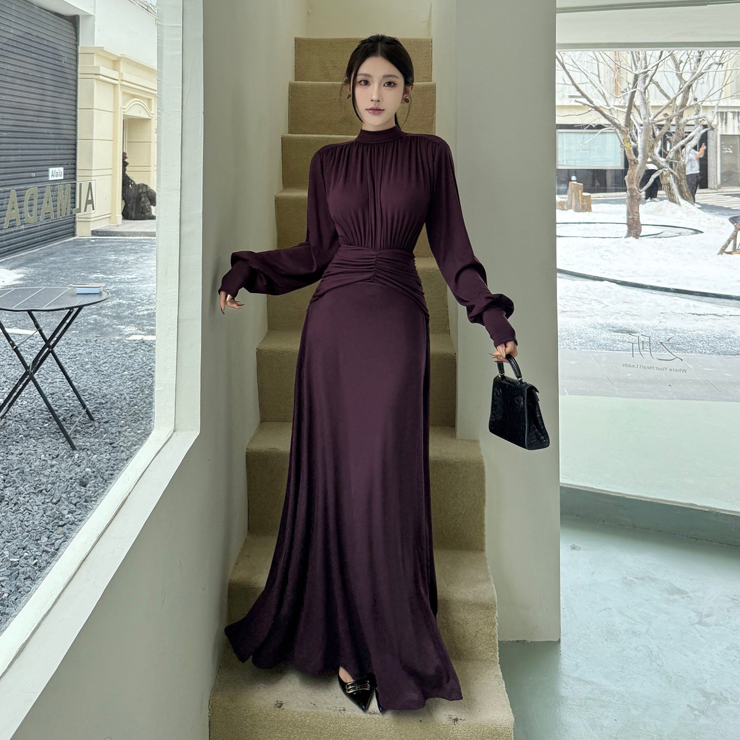 Folding Waist Long-Sleeve Dress