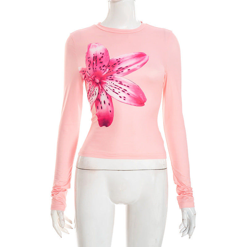Floral Print Long Sleeve Round Neck Pullover Crop Top