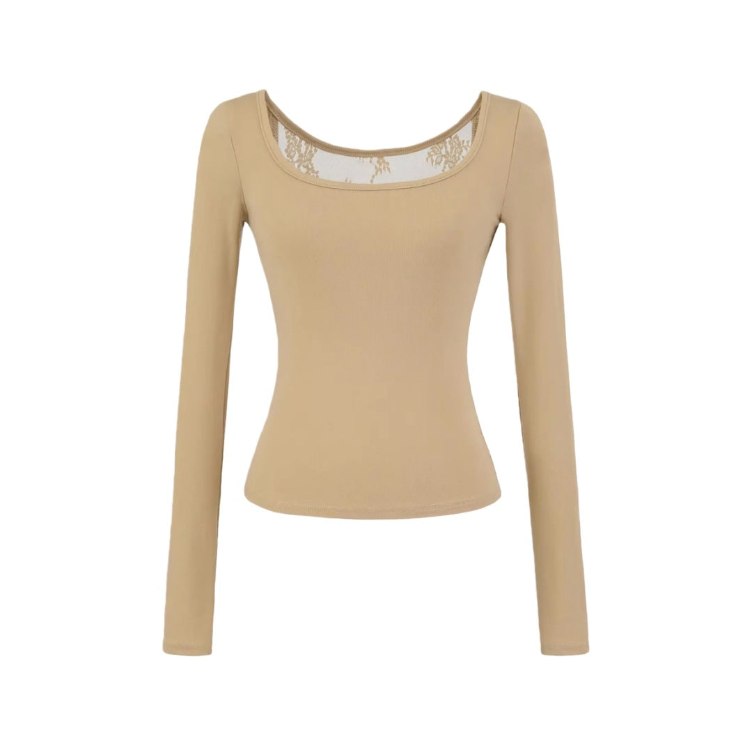 Spring Solid Color U-Neck Long Sleeve T-Shirt, Mature Style, Unique and Sexy Back Lace Cut-Out, Fitted Crop Top