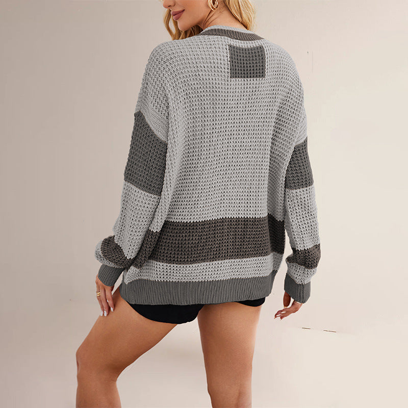 Women’s Color-Blocked V-Neck Knit Cardigan Jacket