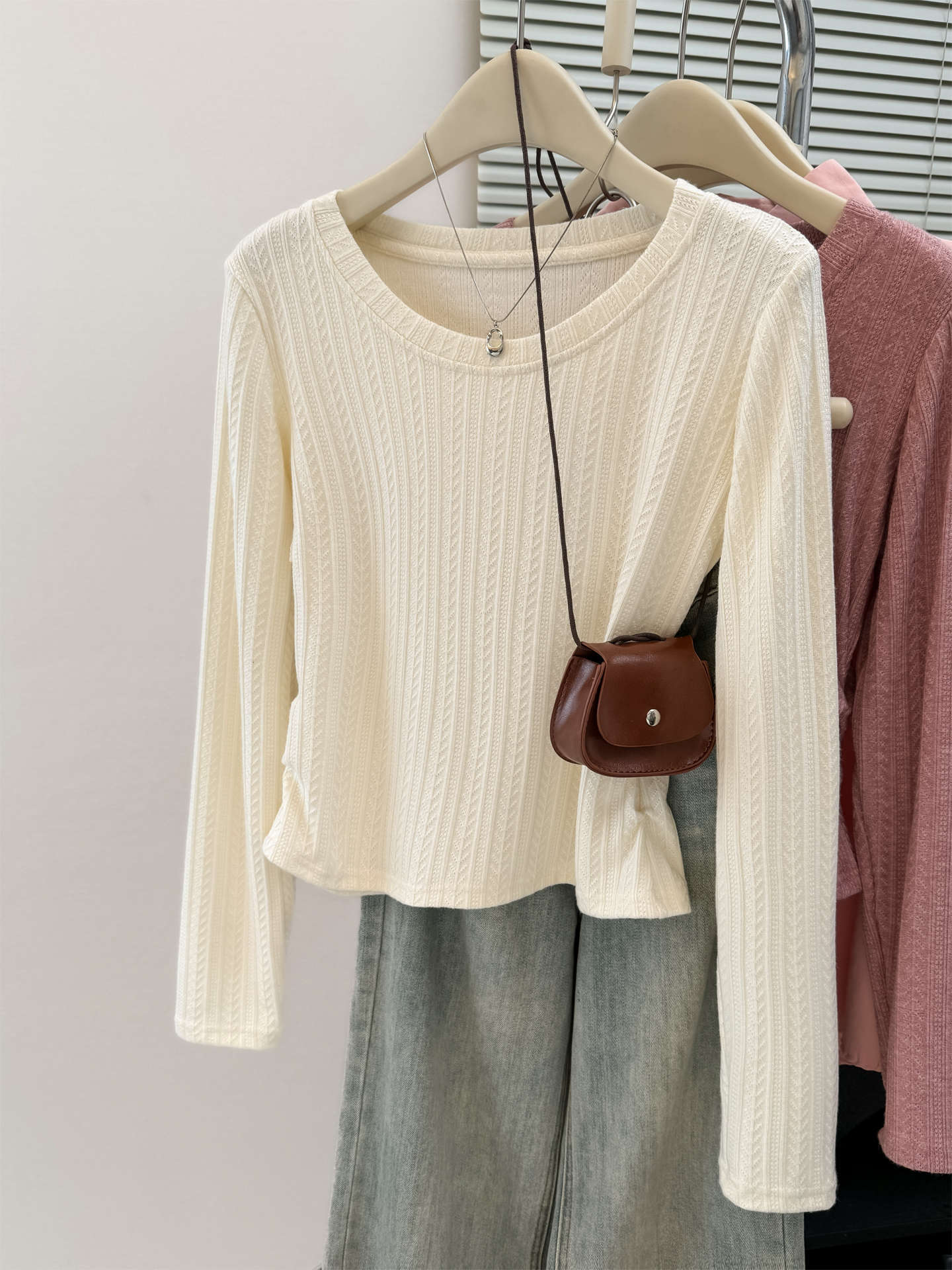Solid Color Sweet &amp Spicy Pleated Fitted Long Sleeve T-Shirt for Women, Early Autumn Slim Fit Korean Style Crop Top