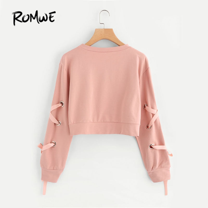 Eyelet Lace Up Sleeve Crop Sweatshirt Autumn Pink Round Neck Cute Pullovers Women Long Sleeve Casual Sweatshirt